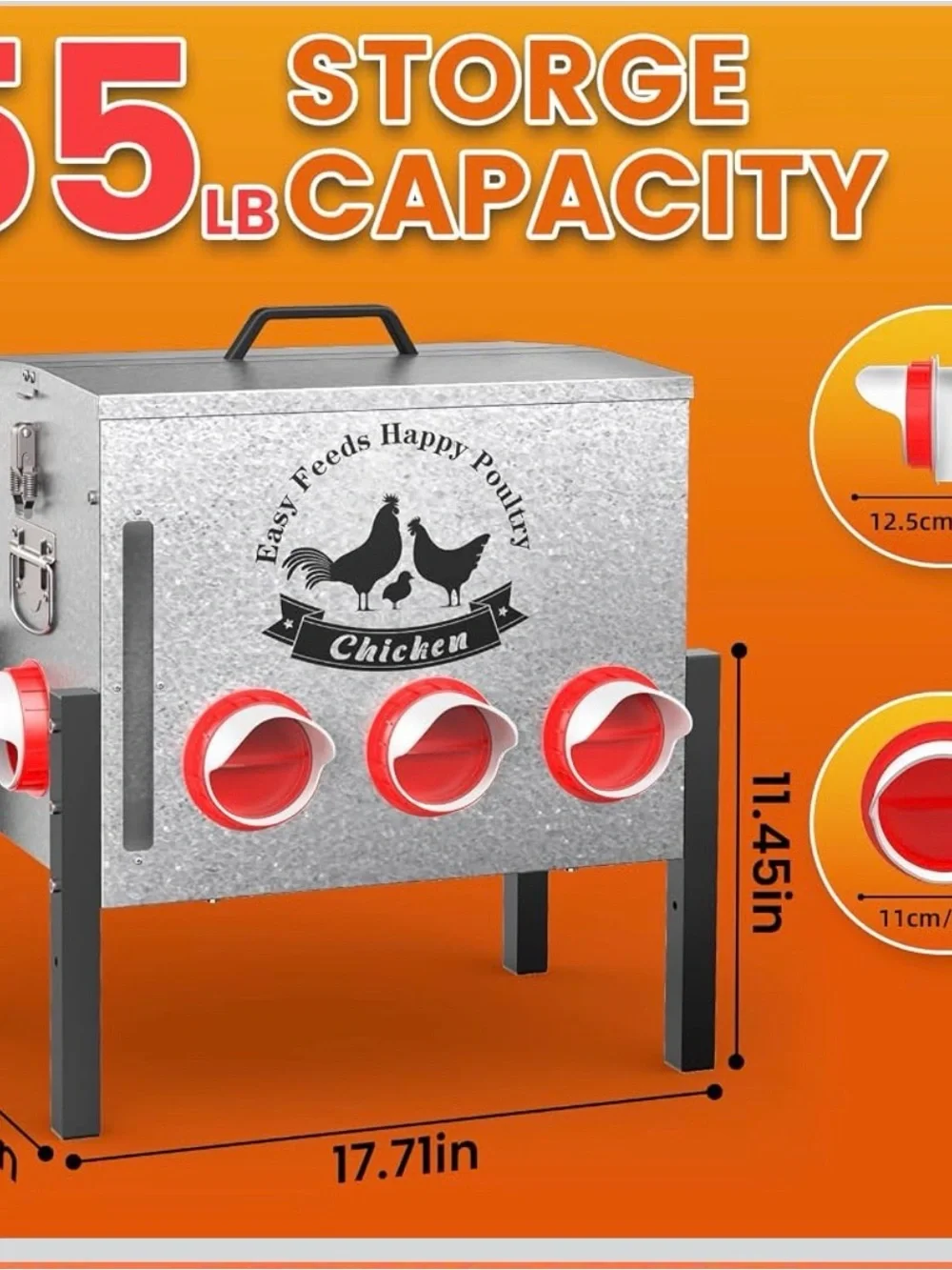 10-Gal Metal Chicken Feeder - 8 Ports, 55LB Capacity, Anti-Waste, Rust-Proof, Ou